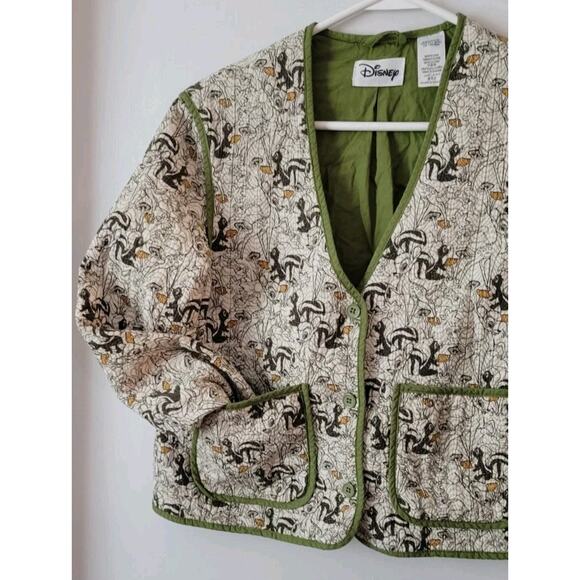 Disney Parks Bambi Flower Quilted Jacket Blazer V-Neck Button Cotton Olive - Picture 6 of 13